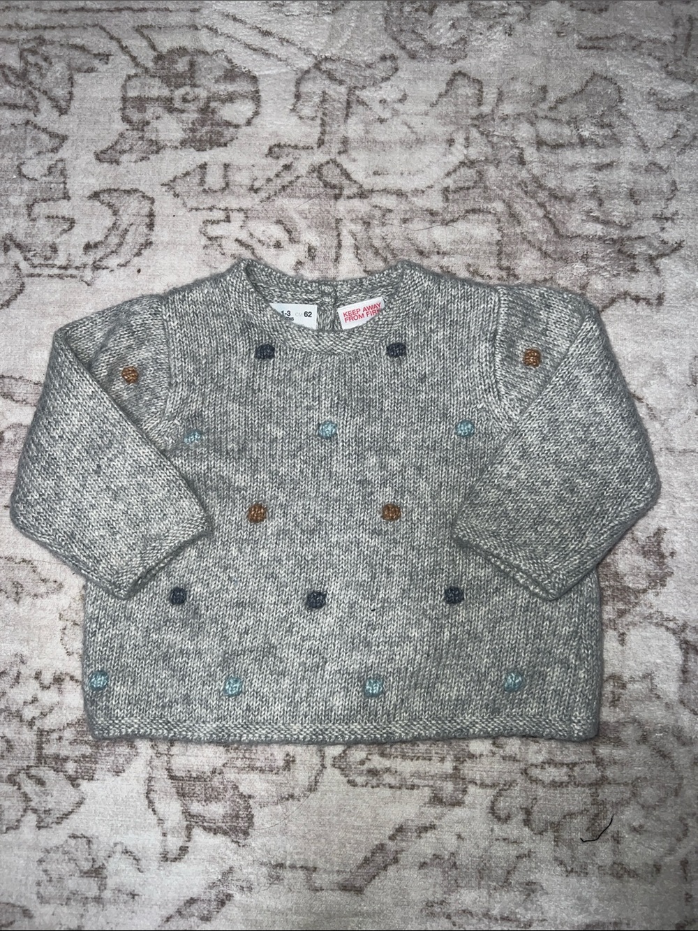 Zara Gray Knit Baby 1-3 mos Sweater with Blue and Brown Pom Accents